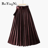 Autumn Winter Skirt Women With Belt Long Metallic Silver Maxi Pleated Skirt Midi High Waist Fashion Vintage Saia