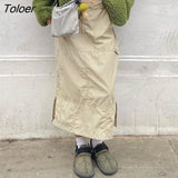 Gray Casual Baggy Loose Size Cargo Skirts Womens Big Pockets Streetwear Drawstring Hem Low Waist Hippie Long