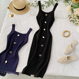 2020 Summer Pink/Red/White/Black Women Knitted Dress Vintage High Waist Button Single-breasted Slim Casual Dress For Female