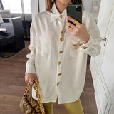 Toloer Cardigan Female Top Spring 2024 New Striped Metal Button Lapel Loose Type Thin Temperament Shirt-Outfit