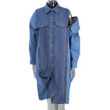 Denim Shirt Dress For Women Lapel Long Sleeve Patchwork Colorblock Midi Dresses Female Spring Clothing Style