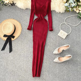 Women Autumn Knitted Dress V Neck Sexy Slim Elastic Oversized Basic Bodycon Long Dress Winter knit Warm Sweater