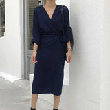 Women Beige Bandage Big Size Midi Shirt Dress New V-Neck Long Sleeve Loose Fit Fashion Tide Spring Autumn 2023