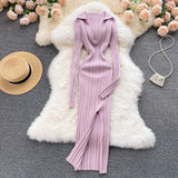 Women Korean Knitted Dress Long Sleeve V Neck Elastic Slim Pencil Dresses 2022 Autumn Sexy Bodycon Split Sweater