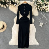 Autumn Knitted Dress Women Long Sleeve Elastic Waist Split Sweater Dress Ladies Party Sexy Warm Bodycon Maxi Long