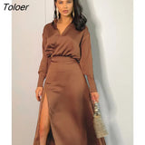 Satin Wrap Skirts Sets Brown Turn Down Collar Shirt And A-Line Split Skirt 2 Piece Set Summer Party Women Tops Suit