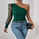 Toloer Women's 2024 New Inclined Shoulder Single Sleeve Wave Dot Mesh Splicing Long Sleeve Waist Show Thin Female Jacket T-Outfit