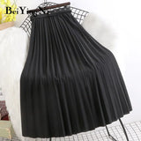 High Waist Skirts Womens Belt Fashion Metallic Party Midi Pleated Long Skirt Black Pink Casual Korean Falda Mujer
