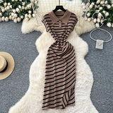 Chic Summer Dress Niche Retro Polo Collar Short-Sleeved Striped Dress Female Waist Temperament Open Long