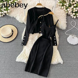 Botton Knitted Women Sets Loose Long Sleeves Cardigan+ Solid Elastic Dress French Style Casual Two Piece
