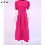 Rose Red Robe Office Summer O-Neck Lantern Sleeve Pearls Button Midi Dress Elegant Party A-Line Fit Flare Dress Women