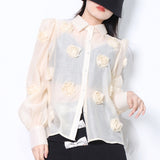 Casual Patchwork Appliques Blouses For Women Lapel Loose Long Sleeve Single Breasted Shirts Female 2022 Clothes