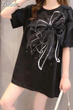 Oversized T Shirts Women Patchwork Gauze Chic Bow Tops Ladies Short Sleeve O Neck Tees Summer Loose Casual White
