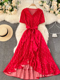 Black/White/Red Polka Dot Irregular Pleated Long Dress Women Vintage V-Neck Short Sleeve Ruffle Vestidos Spring Summer 2021