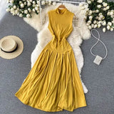 Summer Women Pleated Long Dress Vintage Stand Collar Sleeveless High Waist Draped Patchwork Vestidos Female Green/Red Robe