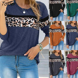 Women Long Sleeve Color Block O Neck Leopard Print Pullover Sweatshirt Blouse Shirt Female Print Fashion Clothing