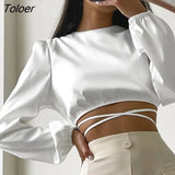 Sexy Blue Fashion Woman Blouse 2022 Autumn Lace Up Backless Crop Top Long Sleeve Wrap Top Elegant Satin O-Neck Shirt