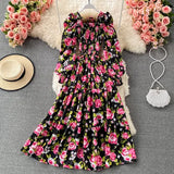 Spring Autumn Bohemian Vacation Beach Long Dress Women Elegant Square Collar Lantern Long Sleeve A-Line Vestidos Casual Robe