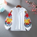 Fashion Embroidery Flower Lantern Sleeve Loose Casual Korea Design V-Neck Cotton Womens Tops and