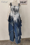 Fashion Women's Dress Slim Strapless Sleeveless Waist A-line Navy Gradient Irregular Burrs Dresses Summer 2023 New