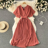 Pleated Dress Women Short Sleeve V Neck Solid A-line Dresses 2022 New Summer Chiffon Vacation Beach