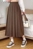 Vintage Brown Pleated Long Skirts Women Korean Fashion High Waist Chic Elegant A-line Midi Skirt for Girls Preppy