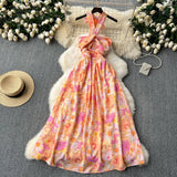 Hollow Hanging Neck Sling Dress Female Pure Lust Atmosphere Feel Waist Thin Temperament Super Fairy Holiday Floral
