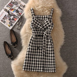 Houndstooth Sleeveless Vest Dress Women 2 Piece Set Elegant Belted Double Breasted Tank Dress Black Sweater Female