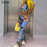 Casual Streetwear 2 Piece Set Cartoon Latter Print Halter Bra Tassel Hight Waist Pants Matching Set Party Club