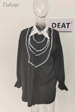 Fashion Women Shirt Spliced Lapel Flare Sleeves Loose Pearl Necklace Single Breasted Khaki Blouses Autumn 2023 New