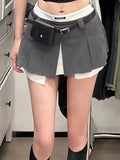 Fashion Women Mini Skirt Low Elastic Folds Contract Color Zipper Spliced Slim Cotton Skirts Summer 2023 New Tide