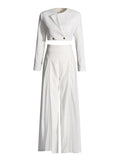 Toloer Casual Suit Female 2024 Summer New Long Sleeve Short Suit Coat Mesh Open Fork Wide Leg Trousers-Outfit
