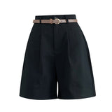 Casual Solid Color Cargo Pants A-Word Wide Leg Pants Five Split Pants With A Belt-Outfit