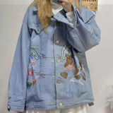 Deeptown Embroidery Jean Jacket Autumn Winter Fashion Vintage Korean Fashion Clothing for Womens Cotton Loose Casual