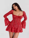 New Women's Clothing Temperament Fashion Lace Trumpet Long Sleeve Strap A Swing Dress