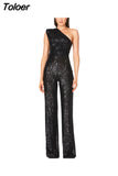 Women Elegant Long Jumpsuits Slanted Collar Party 2023 Sexy Glitter Sequin Club Playsuits Fashion Backless Solid