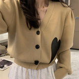 2022 Autumn Winter Women V-Neck Knit Cardigan Heart Patch Ladies Long Sleeve Single-Breasted Sweater Outwear Female Knitwear