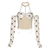 Graduation party Women Top Moon Print Bandage Bustier Crop Tops Chain Halter T Shirt Off Shoulder Long Sleeve Patchwork Slim