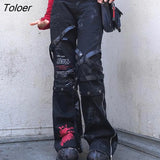 Eyelet Buckle Black Punk Goth Jean Fashion Woman Techwear Dark Academic Print Egirl Cargo Pants High Waist Denim
