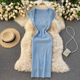 Spring Summer Dress Knitted Solid Sqaure Neck Sexy Bodycon Dresses for Women Stretch Vestidos Short Sleeve