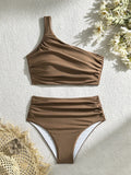 2024 New Solid-Color Draw-Folded High-Waisted One-Shoulder Split Swimsuit