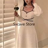 Vintage White Dress Women 2021 Winter Fairy Midi Party Dress Evening Office Lady Design Outwear One Piece Dress