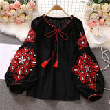 Vacation Retro National Style Embroidery With Esopre V-Neck Lantern Sleeve Shirt Shirt Women Loose