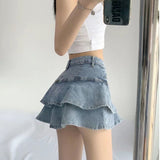 Sexy Ruffle Mini Skirt Denim Women Summer Vintage Cute High Waist Patchwork A-line Short Jeans Skirt Gyaru