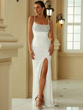 Ruched Spaghetti Strap Split Dress with