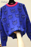 Quality Runway Designer Cat Print Knitted Sweaters Pullovers Women Autumn Winter Long Sleeve Harajuku Sweet