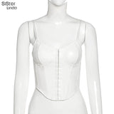 Sisterlinda Sexy Punk Y2K Black PU Leather Crop Top Womens Sleeveless Deep V Neck Backless Camisole Fashion Party Club