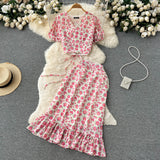Summer Women Polka Dot Chiffon Two Piece Set Vintage V-Neck Bandage Short Tops + High Waist Mermaid Skirt 2Pcs Suits New