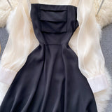 Women Elegant French Dress Long Sleeve Square Collar Solid A-line Dresses 2022 Autumn Fashion Streetwear Midi