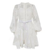 White Elegant Patchwork Embroidery Dress For Women Stand Collar Lantern Long Sleeve High Waist Dresses Female 2023